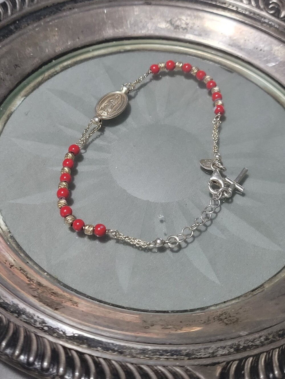 Red Beaded Religious Charm Bracelet - Sterling Silver